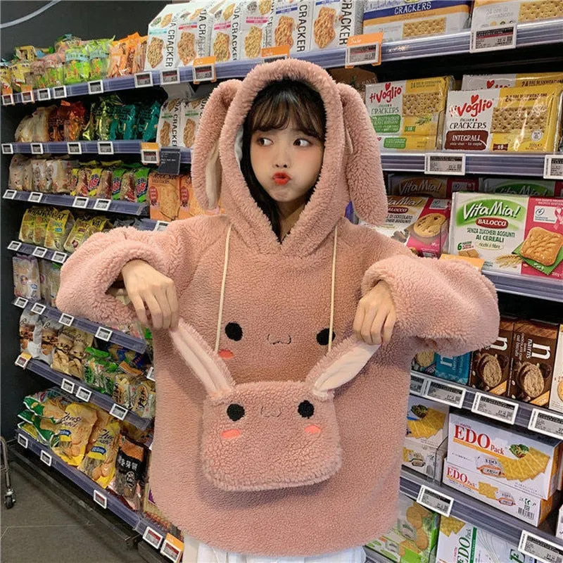 Women Cute Hoodie Student Hoodie Long Sleeve Oversize Sweet Rabbit Warm Coat Kawaii Spring Bunny Ear Girls Sweatshirts