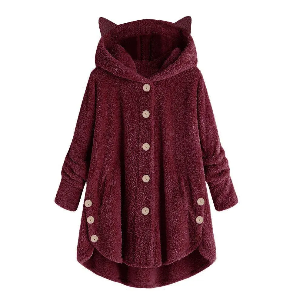 Women Fluffy Coat Loose Hoodie Sweatshirt Solid Winter Kawaii Cat Ear Hooded Hoodie Buttons Fleece Jackets Tracksuit Coat Plus