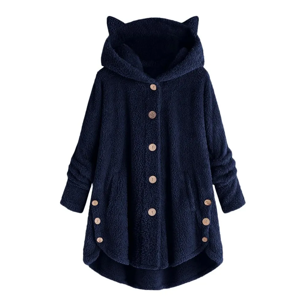 Women Fluffy Coat Loose Hoodie Sweatshirt Solid Winter Kawaii Cat Ear Hooded Hoodie Buttons Fleece Jackets Tracksuit Coat Plus