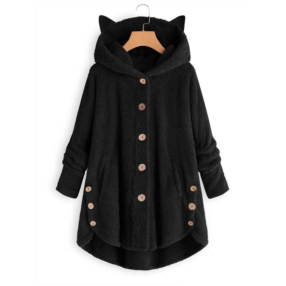 Women Fluffy Coat Loose Hoodie Sweatshirt Solid Winter Kawaii Cat Ear Hooded Hoodie Buttons Fleece Jackets Tracksuit Coat Plus