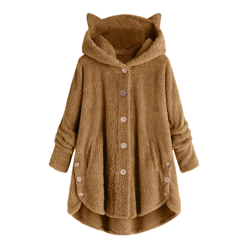 Women Fluffy Coat Loose Hoodie Sweatshirt Solid Winter Kawaii Cat Ear Hooded Hoodie Buttons Fleece Jackets Tracksuit Coat Plus