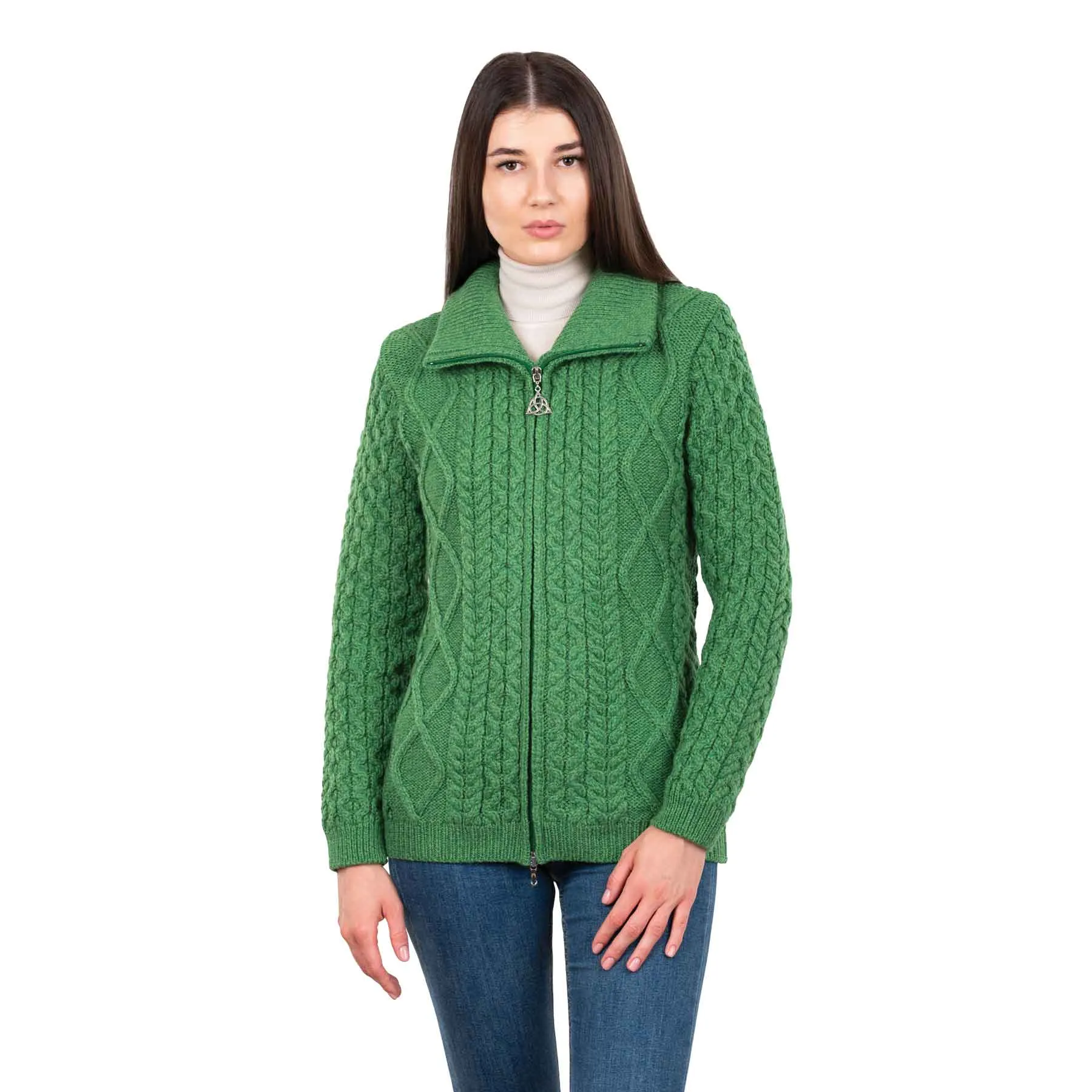 Women's Aran Knit Cable Bomber Jacket, Green