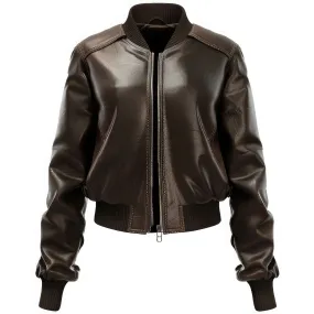 Women’s Brown Genuine Sheepskin Knitted-Ribbed Collar Leather Jacket