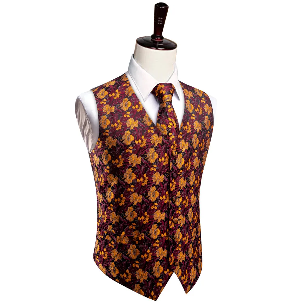 YourTies Burgundy Vest Orange Jacquard Floral Men's Waistcoat Tie Set