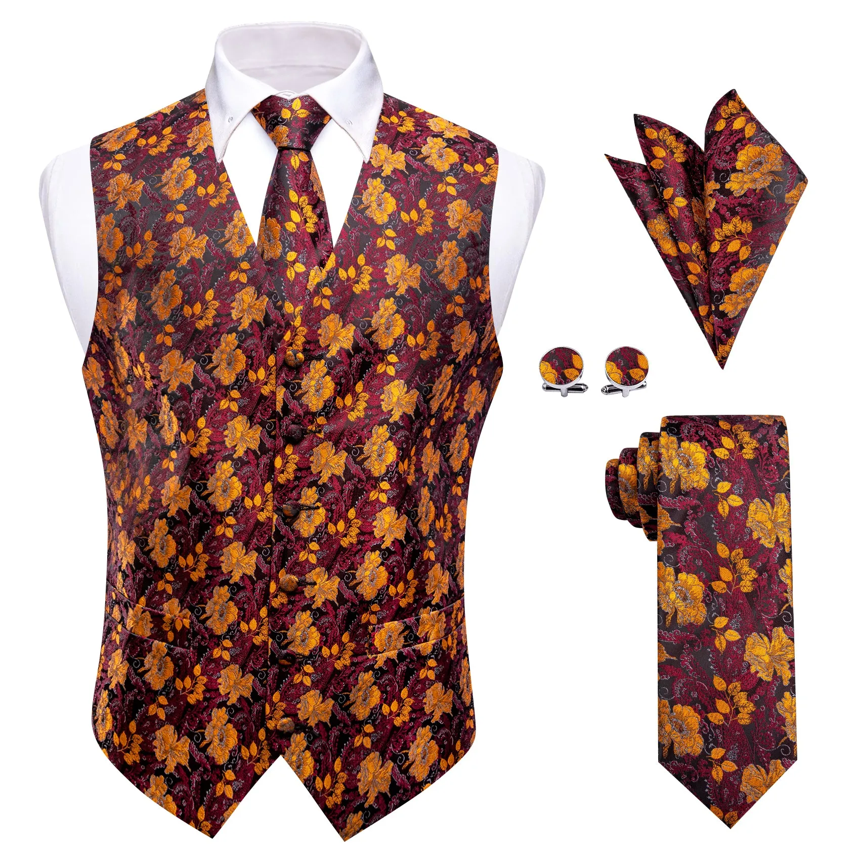 YourTies Burgundy Vest Orange Jacquard Floral Men's Waistcoat Tie Set